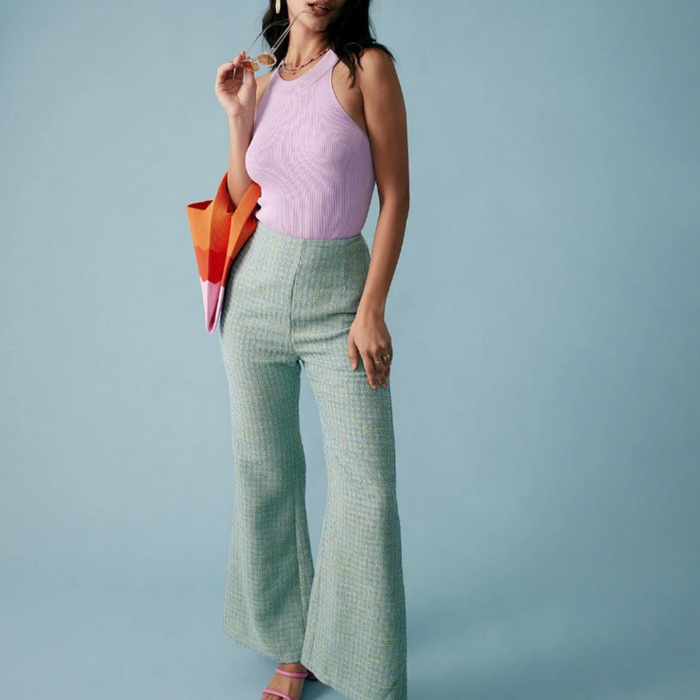 Plaid Flared Sea Blue-Green Pants - Size Medium - Picture 2 of 5
